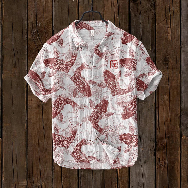 Classic Linen Shirt with Vintage Fish Design