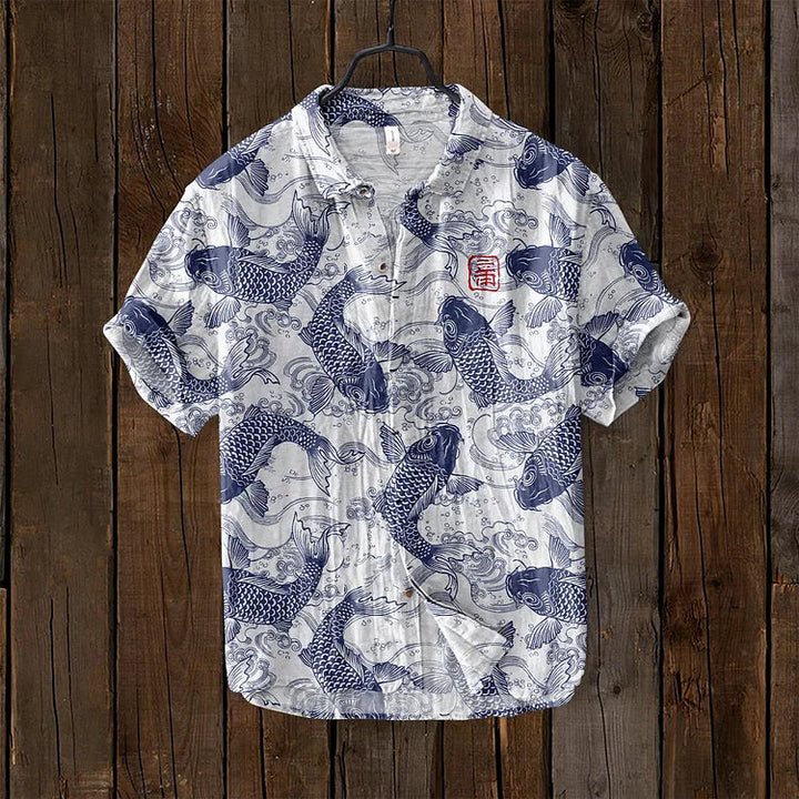 Classic Linen Shirt with Vintage Fish Design