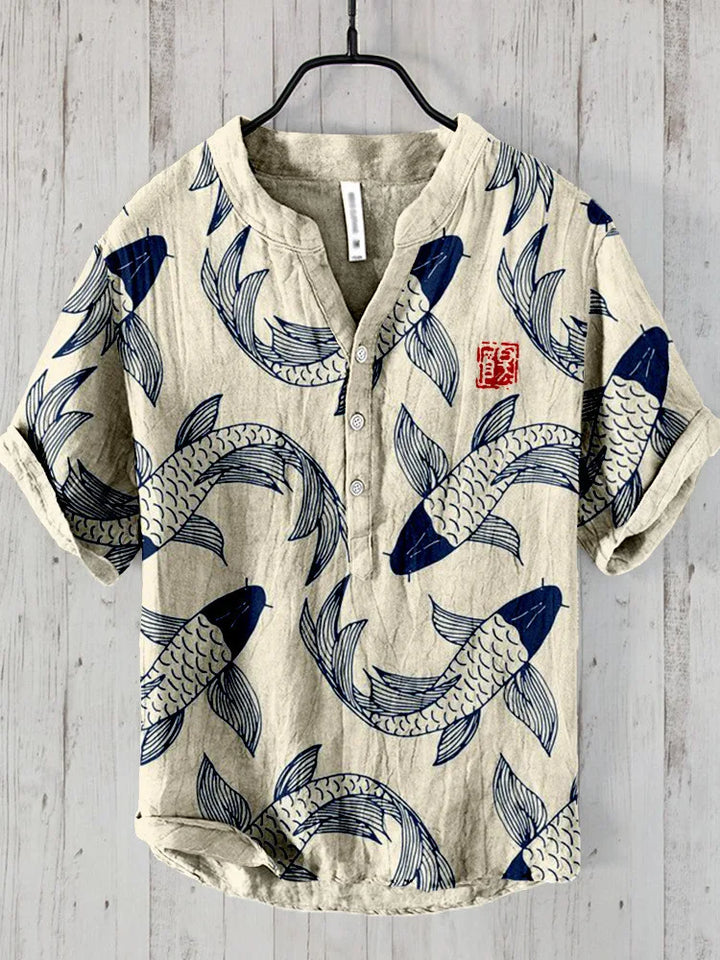 Classic Linen Shirt with Vintage Fish Design