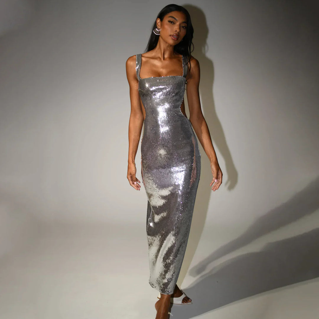 Elegant Silver Maxi Dress for Stunning Elegance