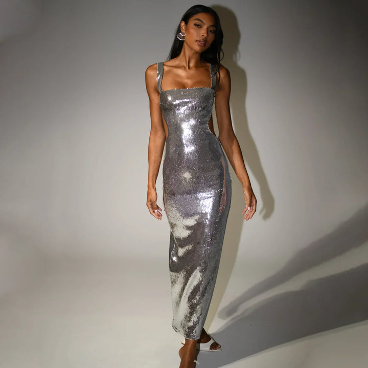 Elegant Silver Maxi Dress for Stunning Elegance