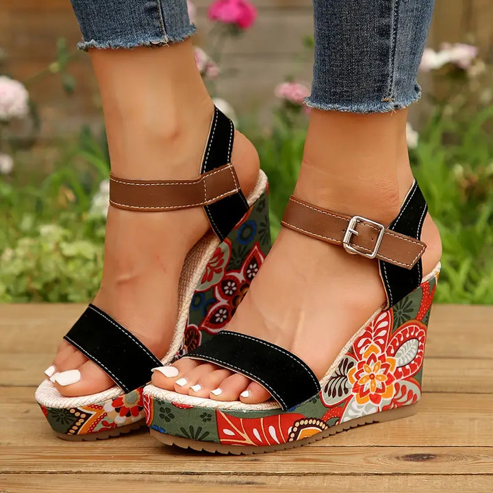 Chic Olive Floral Print Wedge Sandals for Stylish Women