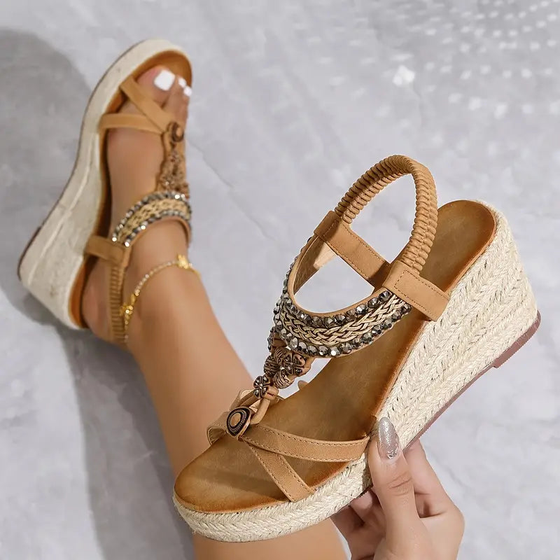Loretta Women's Elegant Wedge Sandals Adorned with Stunning Rhinestone Details