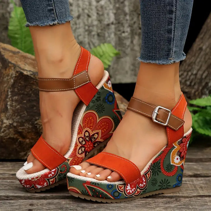 Chic Olive Floral Print Wedge Sandals for Stylish Women