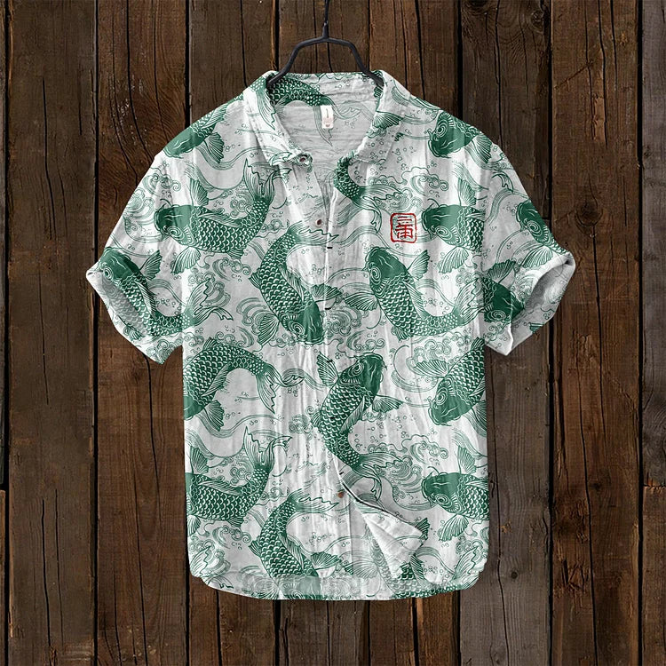 Classic Linen Shirt with Vintage Fish Design