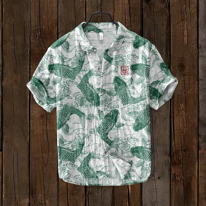 Classic Linen Shirt with Vintage Fish Design