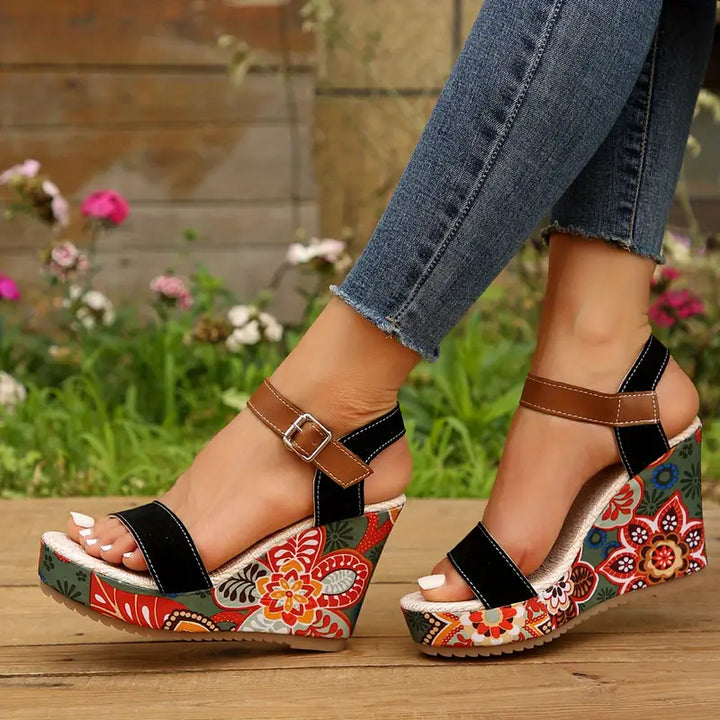 Chic Olive Floral Print Wedge Sandals for Stylish Women