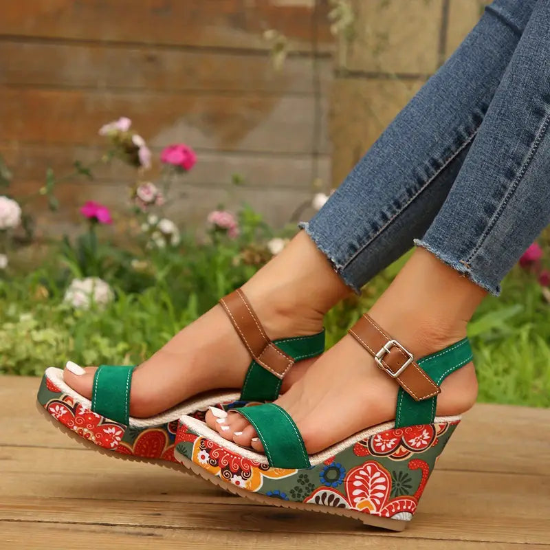 Chic Olive Floral Print Wedge Sandals for Stylish Women