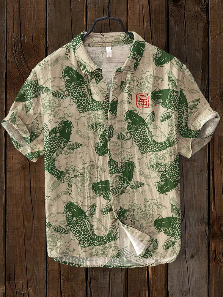 Classic Linen Shirt with Vintage Fish Design