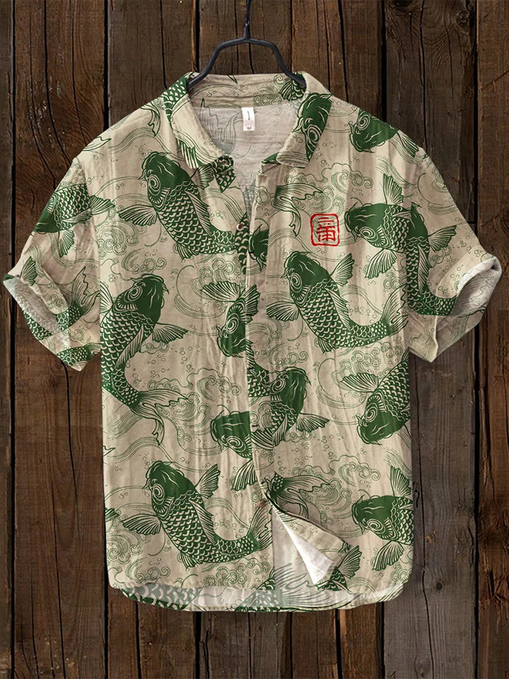 Classic Linen Shirt with Vintage Fish Design