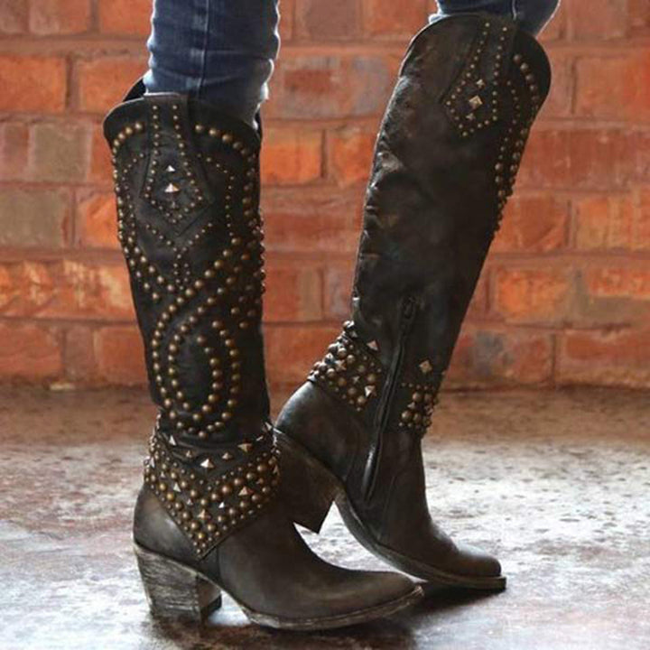 Trendy High Heeled Boots Adorned with Glamorous Metallic Studs