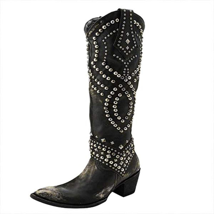 Trendy High Heeled Boots Adorned with Glamorous Metallic Studs