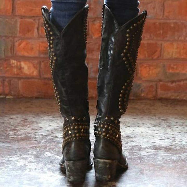 Trendy High Heeled Boots Adorned with Glamorous Metallic Studs
