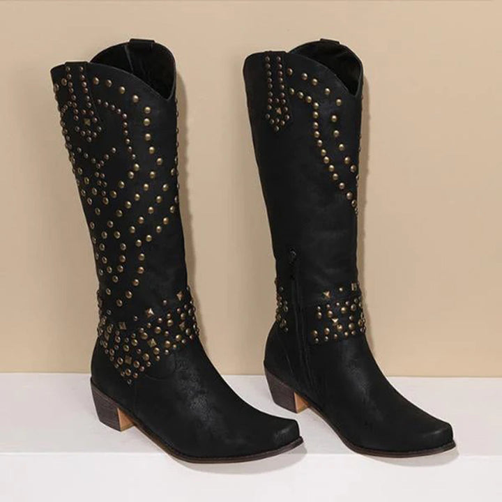 Trendy High Heeled Boots Adorned with Glamorous Metallic Studs