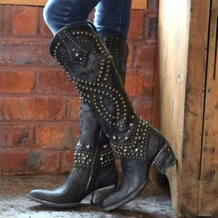 Trendy High Heeled Boots Adorned with Glamorous Metallic Studs