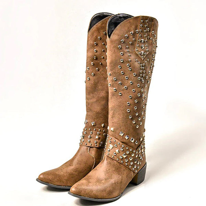 Trendy High Heeled Boots Adorned with Glamorous Metallic Studs