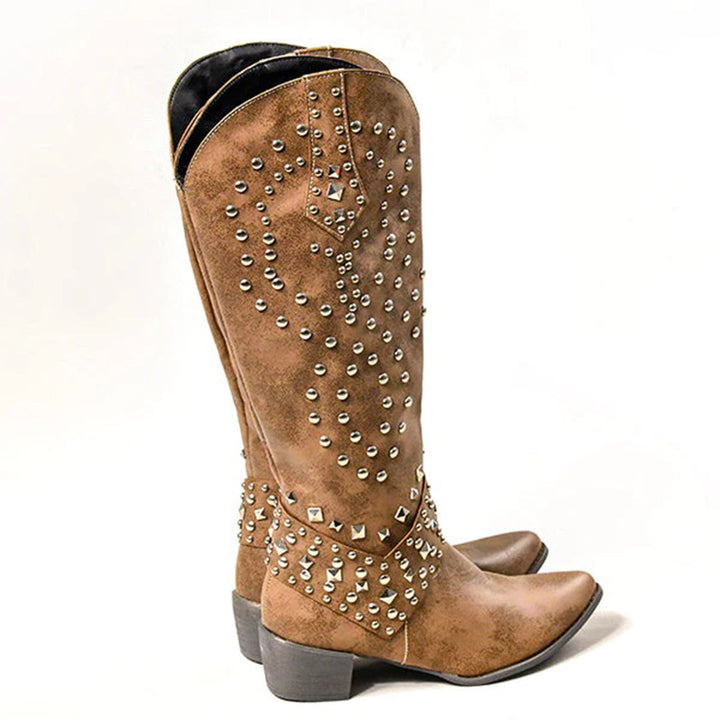 Trendy High Heeled Boots Adorned with Glamorous Metallic Studs