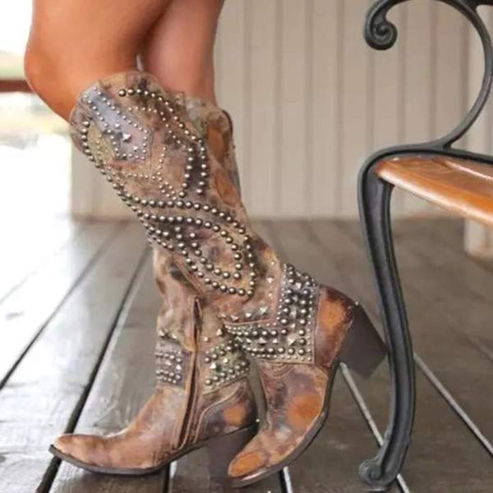 Trendy High Heeled Boots Adorned with Glamorous Metallic Studs