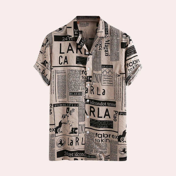 Stylish Men's Shirt Featuring a Distinctive Newspaper Print Design