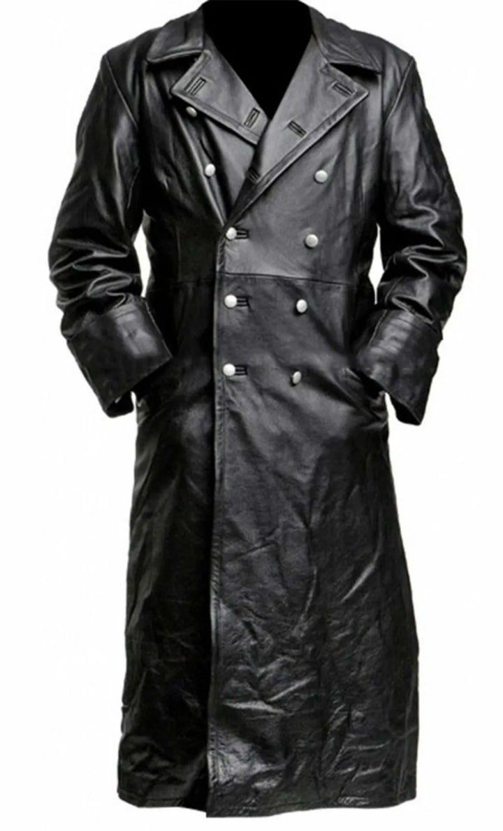 Sleek Black Leather Trench Coat for Timeless Elegance