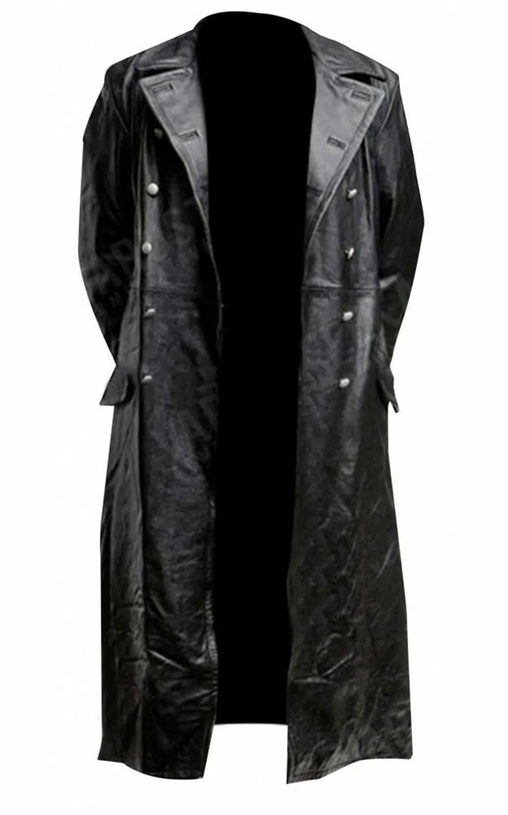 Sleek Black Leather Trench Coat for Timeless Elegance