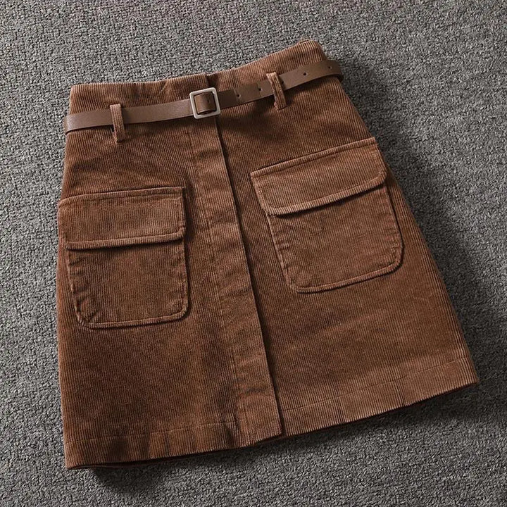 Chic Ribbed Velvet Mini Skirt with Stylish Pockets