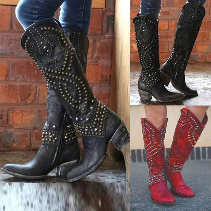 Trendy High Heeled Boots Adorned with Glamorous Metallic Studs