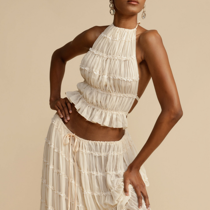 Stylish Halter Neck Top and Matching Skirt Set