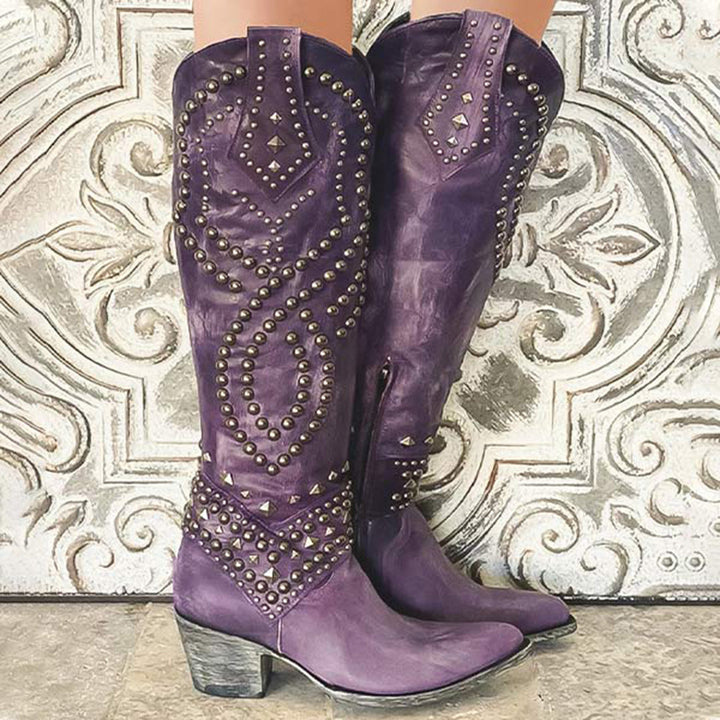 Trendy High Heeled Boots Adorned with Glamorous Metallic Studs