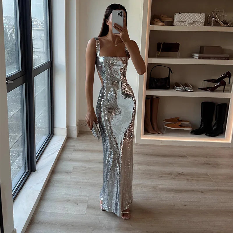 Elegant Silver Maxi Dress for Stunning Elegance