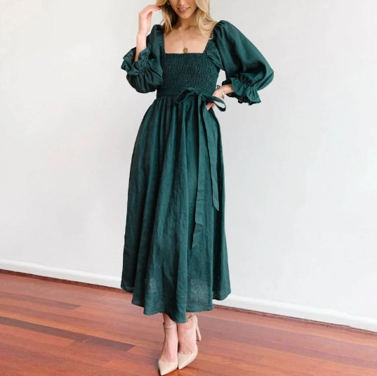 Elegant French Dress with Stylish Ruffled Sleeves