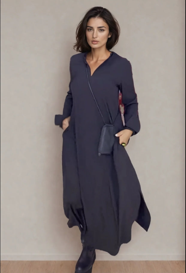 Effortlessly Chic Long Cotton Dress with Convenient Pockets