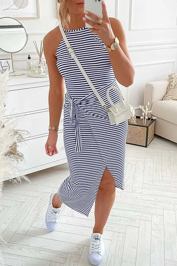 Chic Striped Halter Neck Maxi Dress