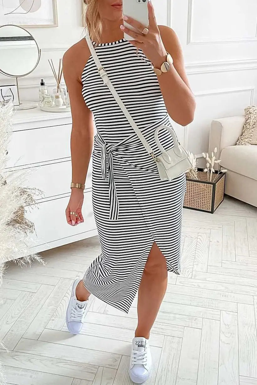 Chic Striped Halter Neck Maxi Dress