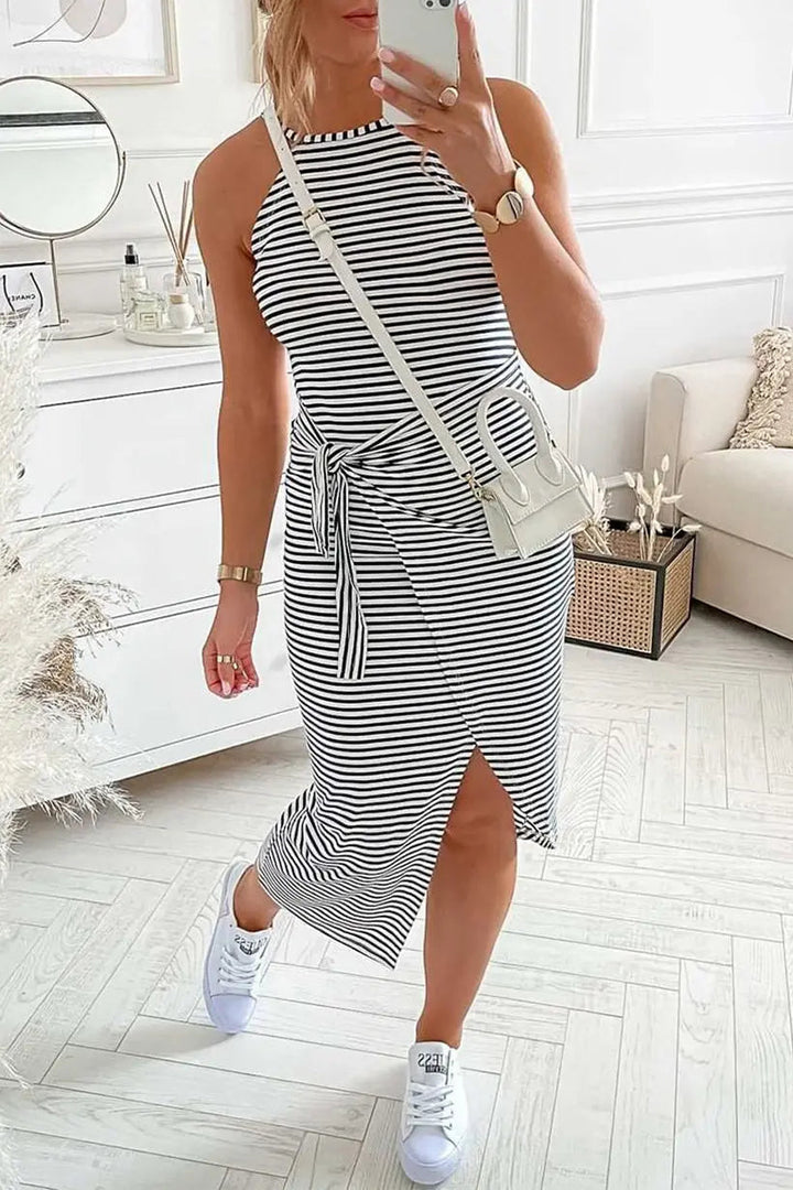 Chic Striped Halter Neck Maxi Dress