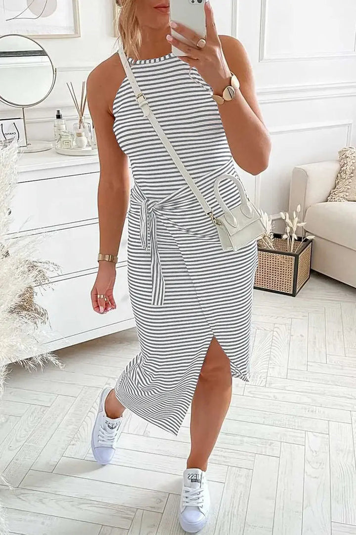 Chic Striped Halter Neck Maxi Dress