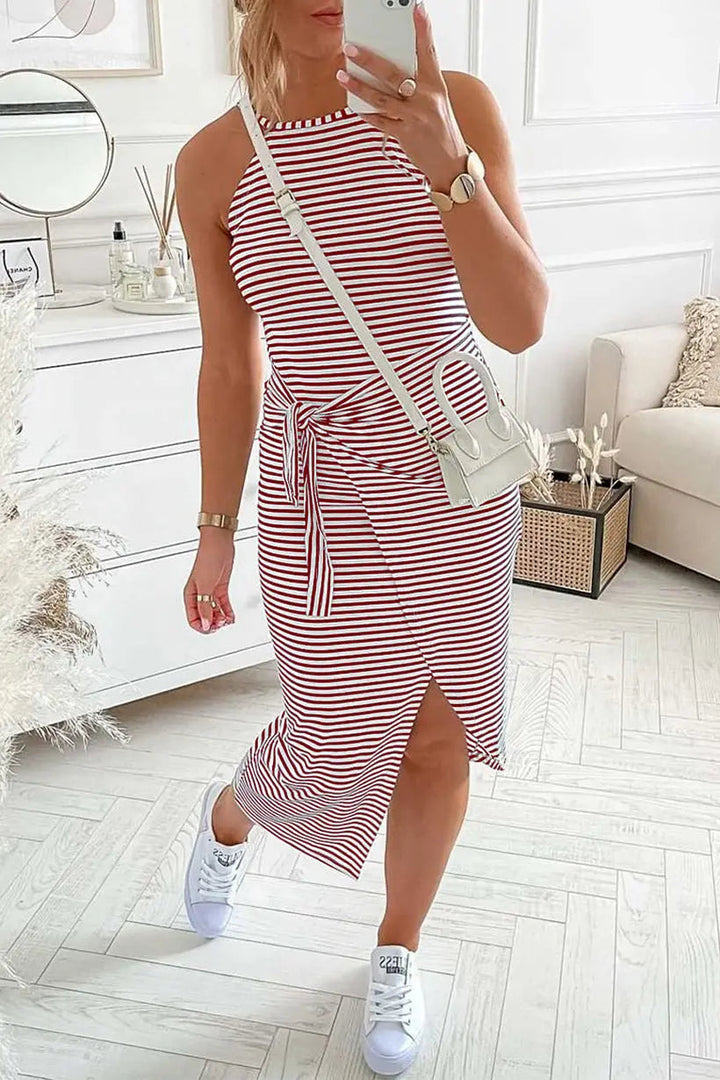 Chic Striped Halter Neck Maxi Dress