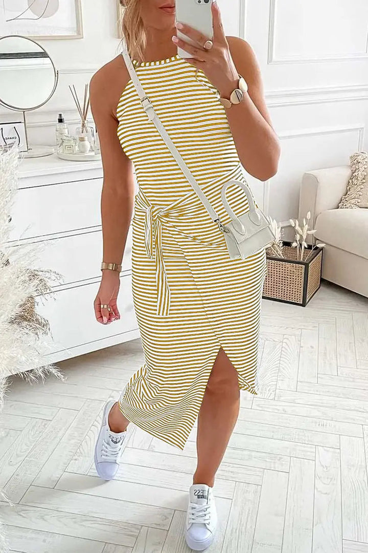 Chic Striped Halter Neck Maxi Dress