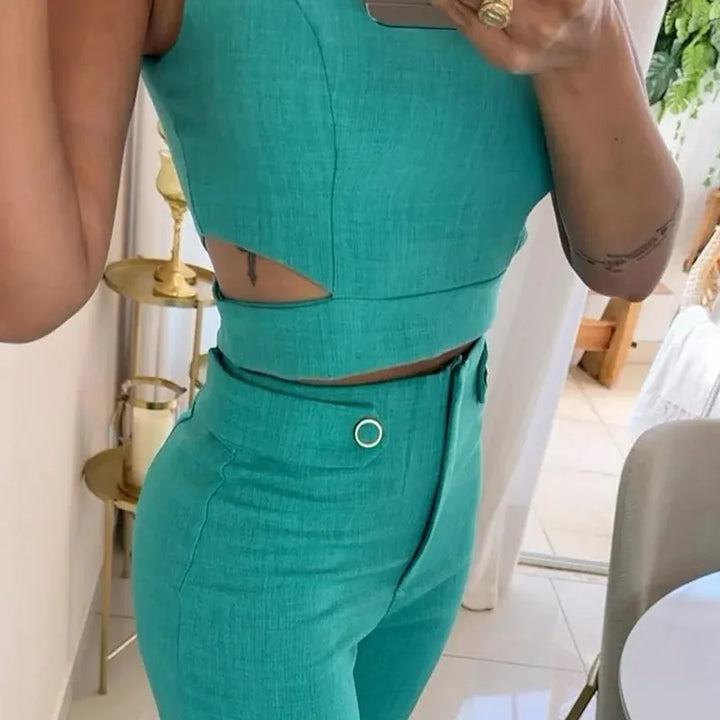 Stylish Cropped Top & High-Waisted Trousers Ensemble