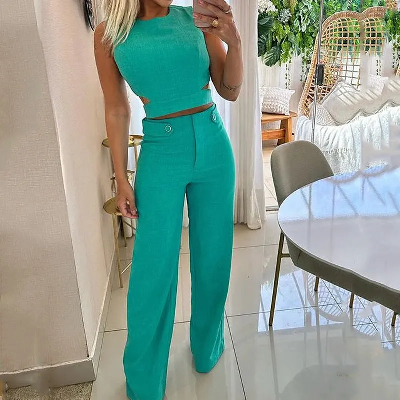 Stylish Cropped Top & High-Waisted Trousers Ensemble