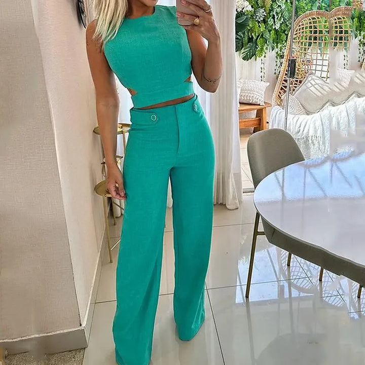 Stylish Cropped Top & High-Waisted Trousers Ensemble