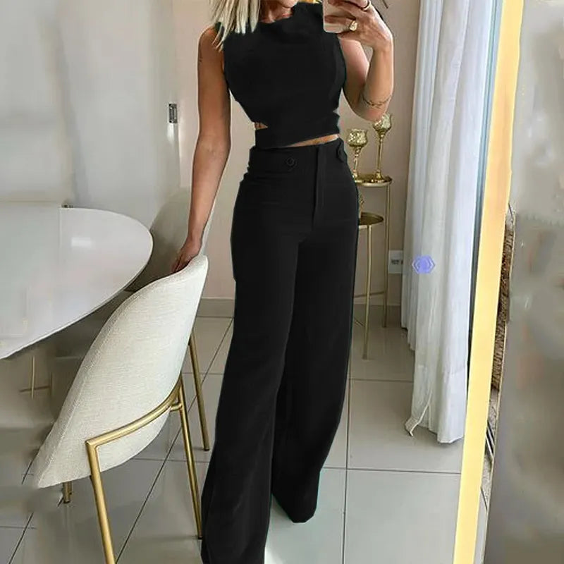 Stylish Cropped Top & High-Waisted Trousers Ensemble
