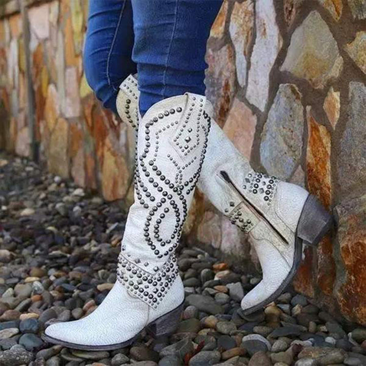 Trendy High Heeled Boots Adorned with Glamorous Metallic Studs