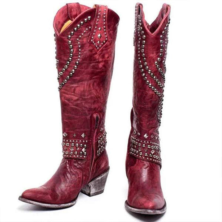 Trendy High Heeled Boots Adorned with Glamorous Metallic Studs