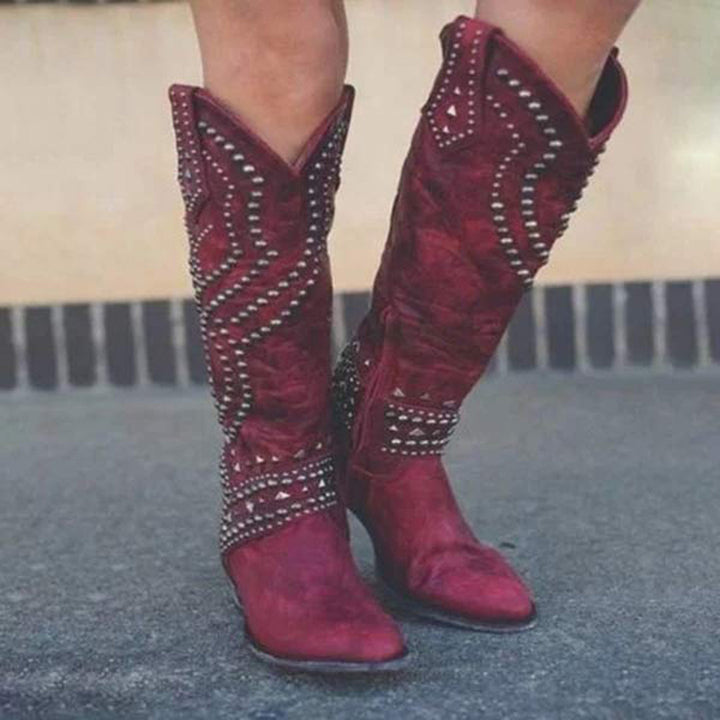 Trendy High Heeled Boots Adorned with Glamorous Metallic Studs