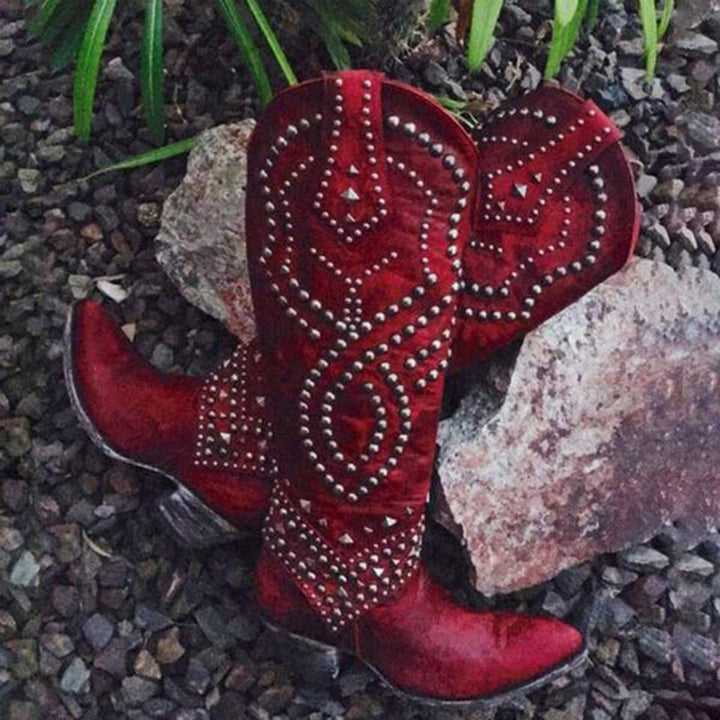 Trendy High Heeled Boots Adorned with Glamorous Metallic Studs