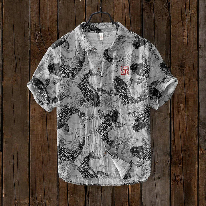 Classic Linen Shirt with Vintage Fish Design