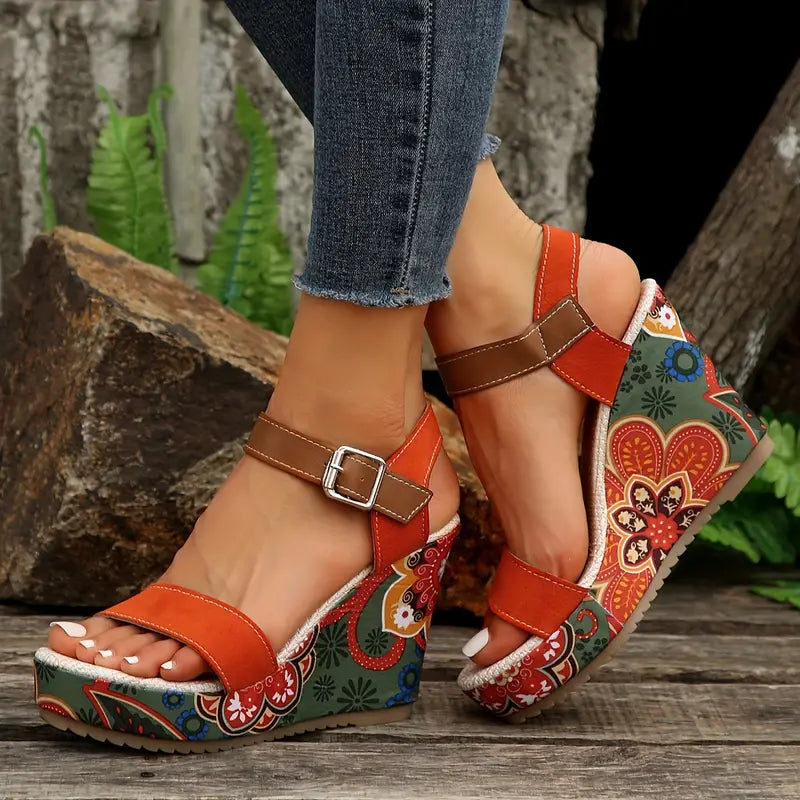 Chic Olive Floral Print Wedge Sandals for Stylish Women