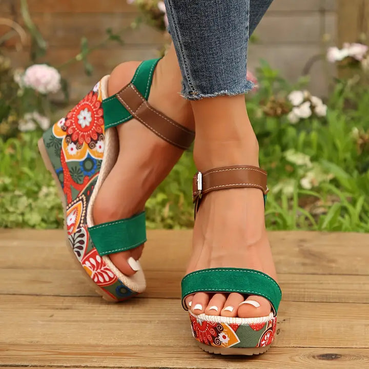 Chic Olive Floral Print Wedge Sandals for Stylish Women