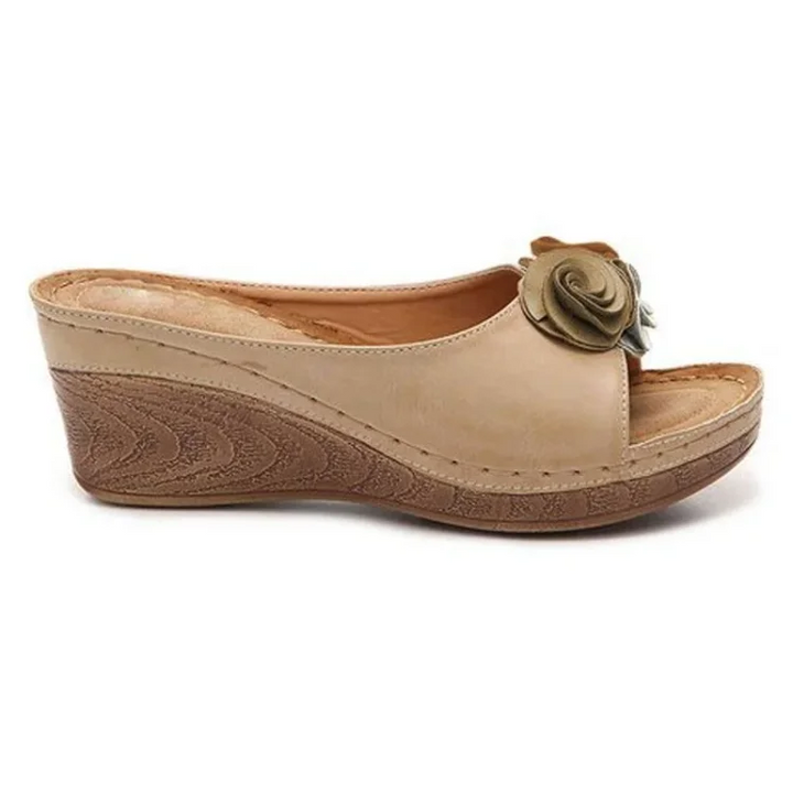Chic Orthopaedic Leather Sandals with Stylish Floral Accents and Cozy Wedge Heel